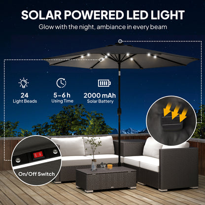 2.6 m Garden Parasol Umbrella with LED Solar Light, Parasol Cover, Outdoor Market Patio Umbrella, Black