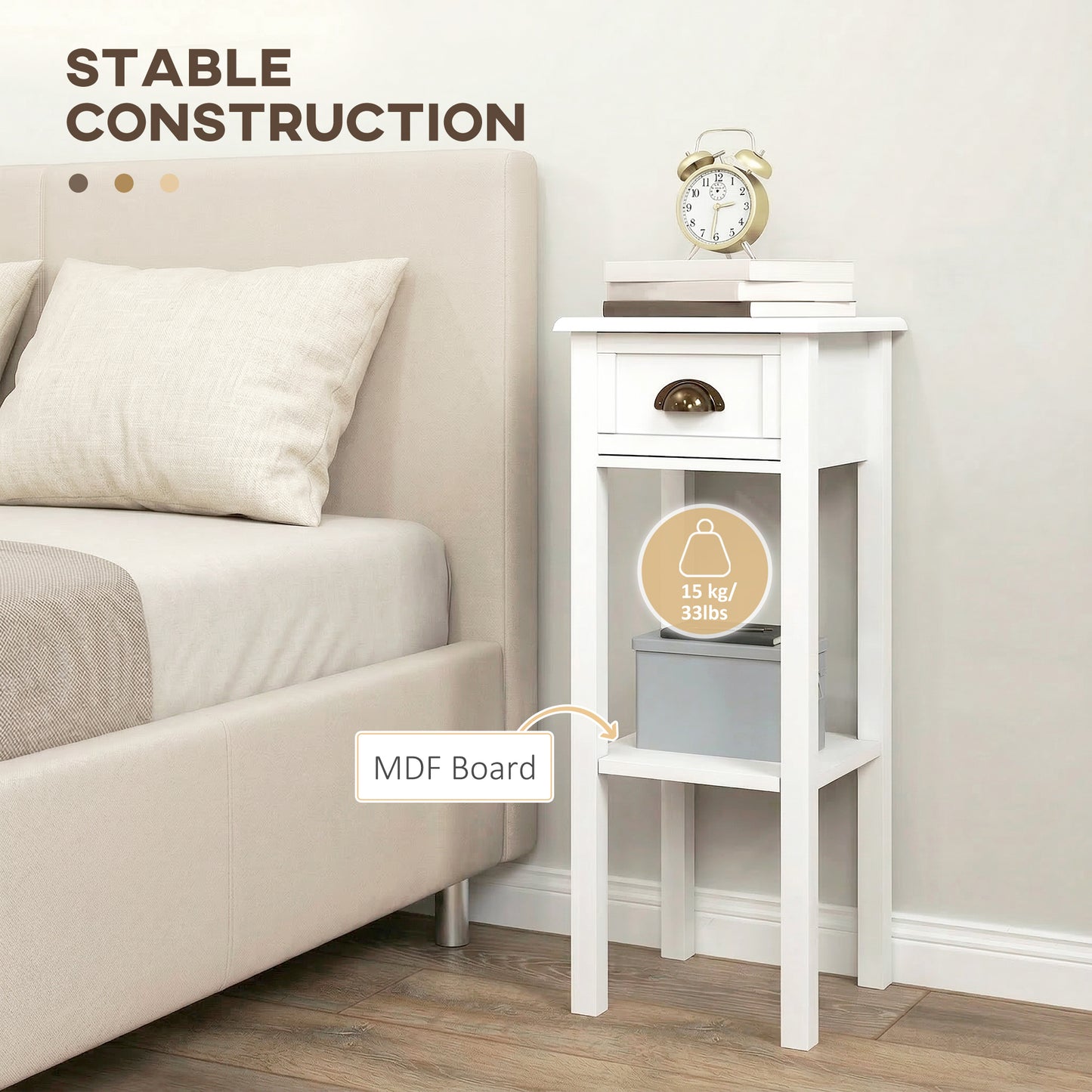 2-Tier Side Tables Set of 2 with Drawer and Shelf, 2 Pieces Bedside Tables for Living Room and Hallway, White