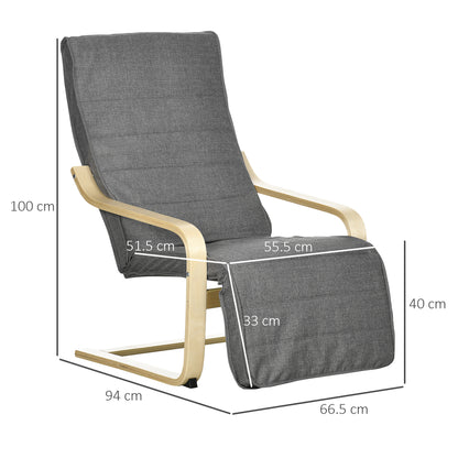 Wooden Armchair, Upholstered Linen Lounge Chair with Adjustable Footrest & Removable Cushion, Poang Chair for Living Room