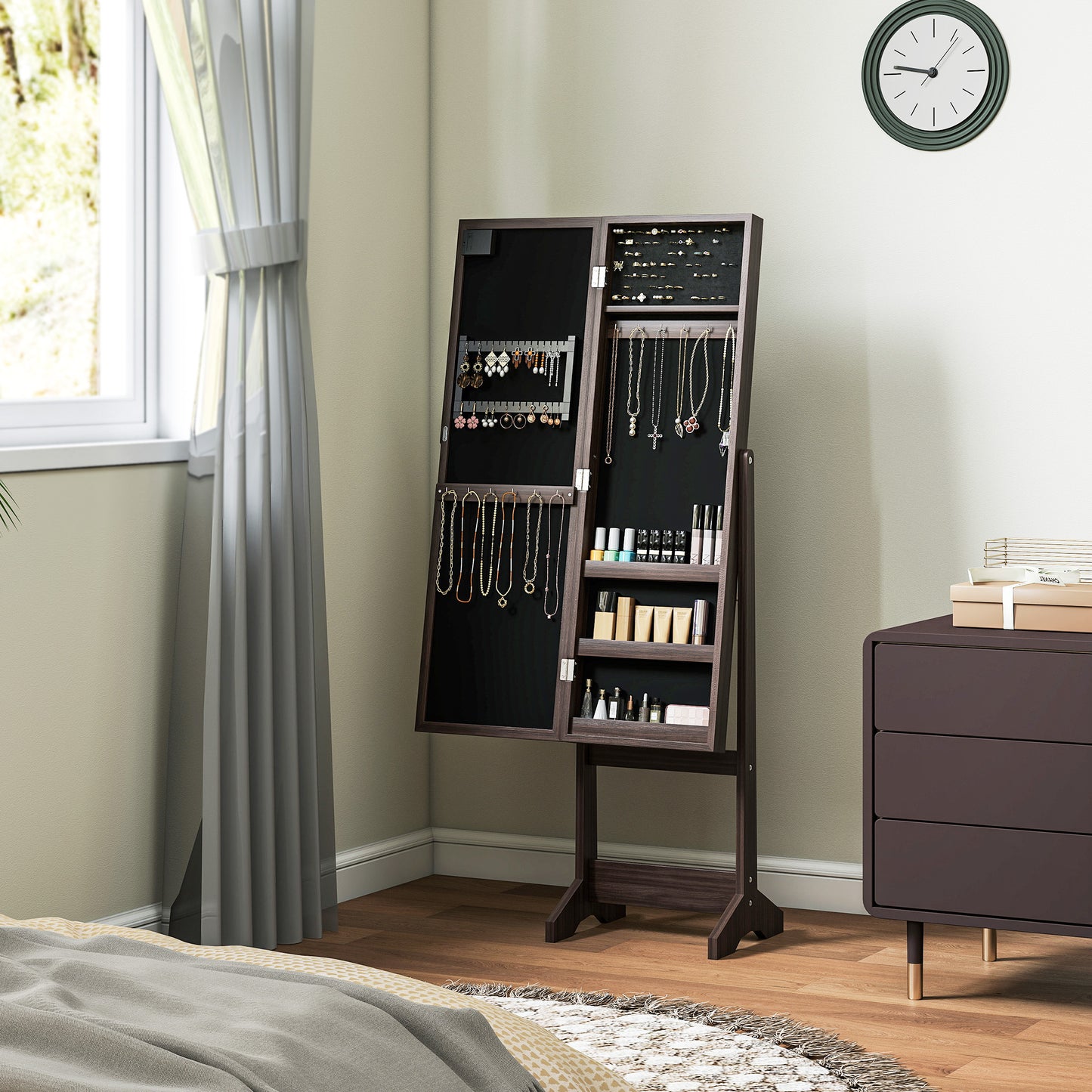 Freestanding Mirrored Jewellery Storage Cabinet - Dark Brown