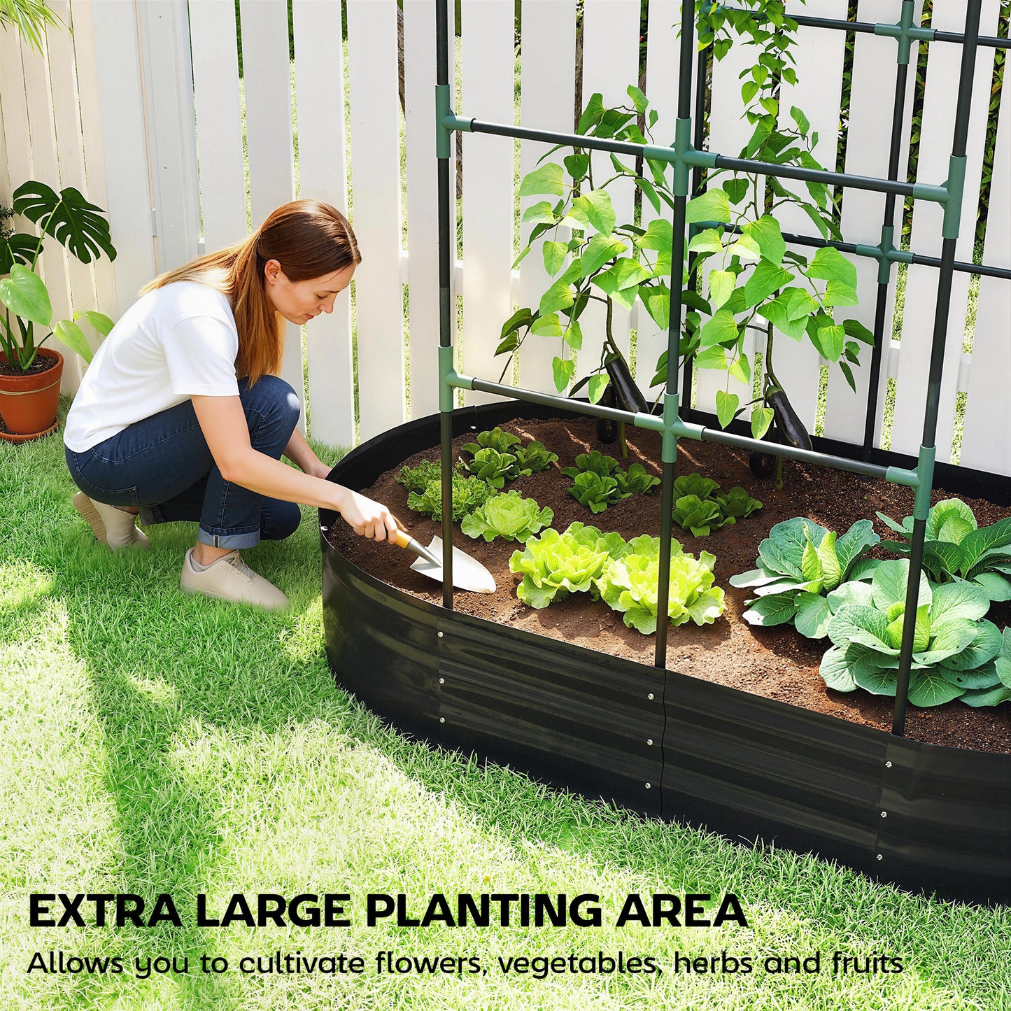 Galvanised Raised Garden Bed with Arched Trellis, 5 x 3 x 6ft Metal Raised Bed for Garden with Open Bottom, Dark Grey
