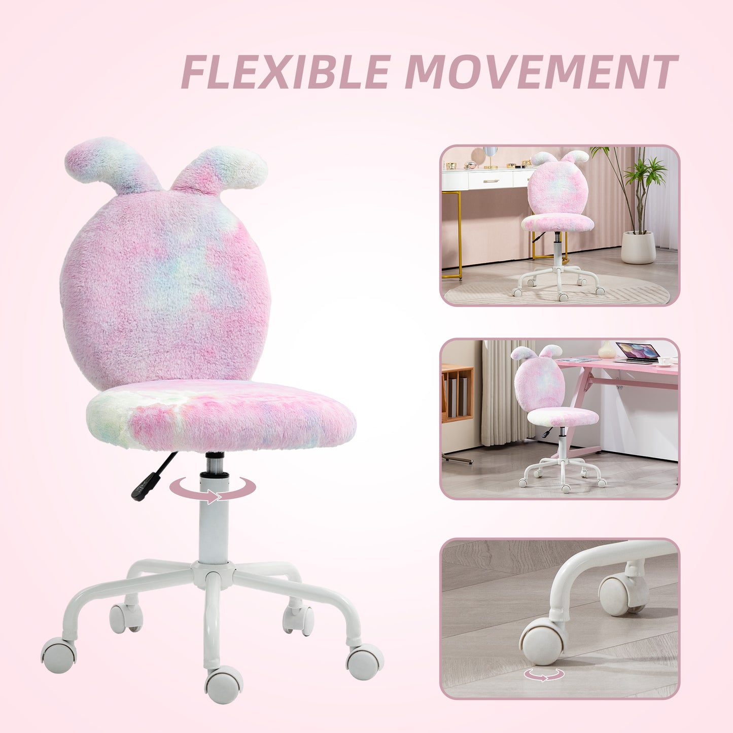 Fuzzy Office Chair with Bunny Ears, Faux Fur Swivel Desk Chair, Armless Makeup Vanity Chair