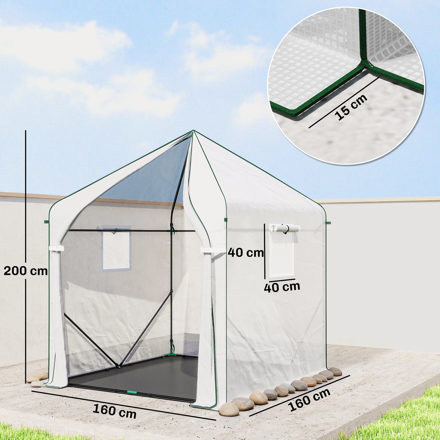 Walk-in Greenhouse for Outdoors with Steel Frame, Large Plant House with Roll-up Door and PE Ground Cover, White