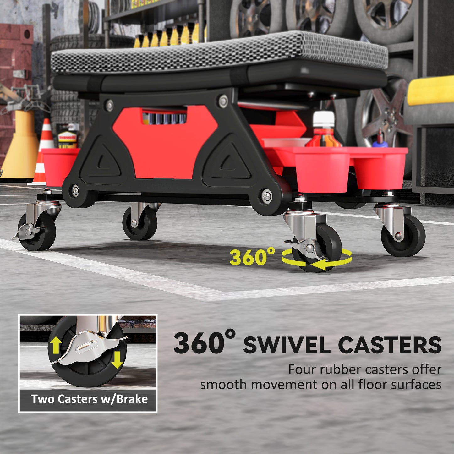 Rolling Mechanic Stool, 135kg Capacity Workshop Stool, 360° Swivel Roller Padded Creeper Seat with Wheels
