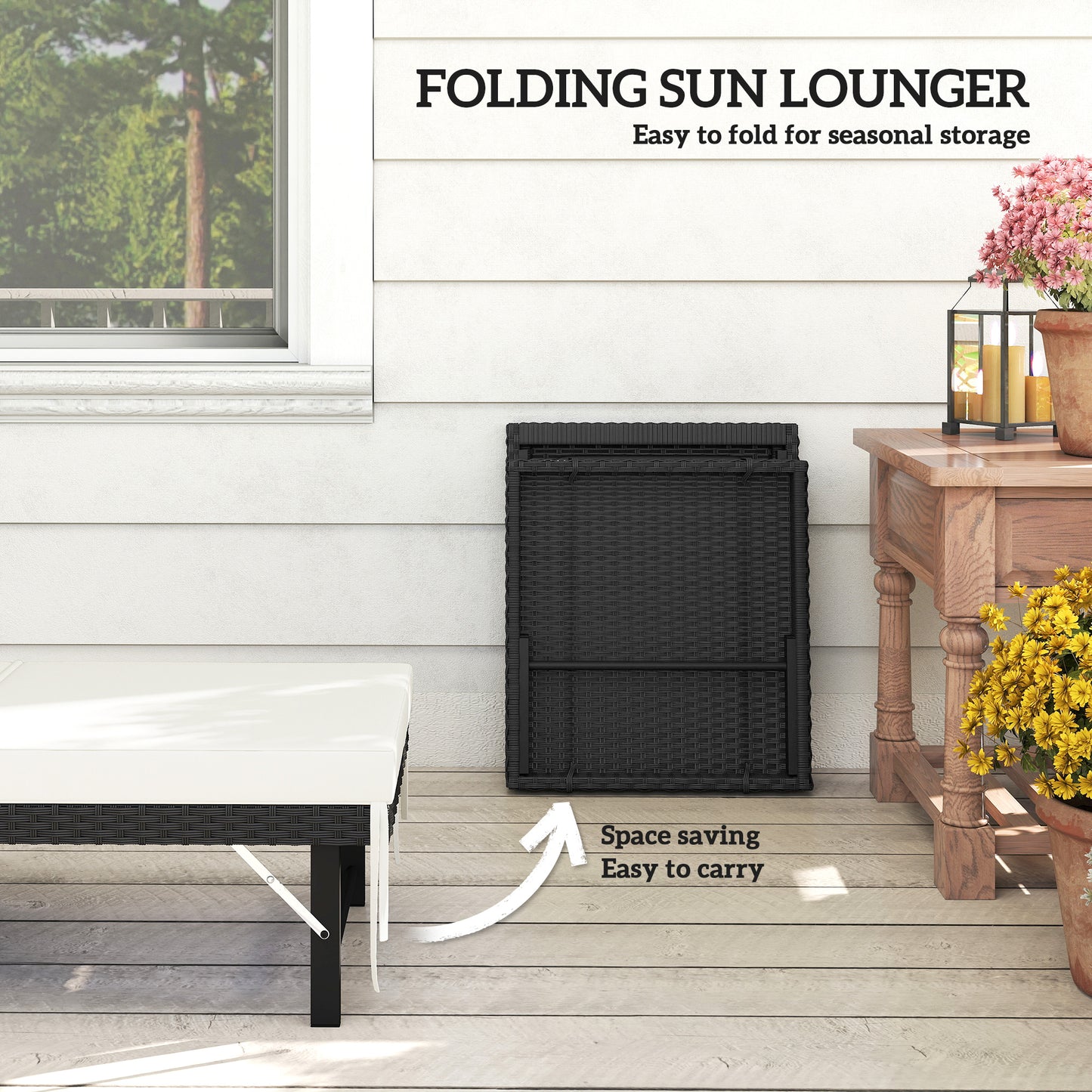 Single Folding Rattan Sun Lounger, with Cushion - Black