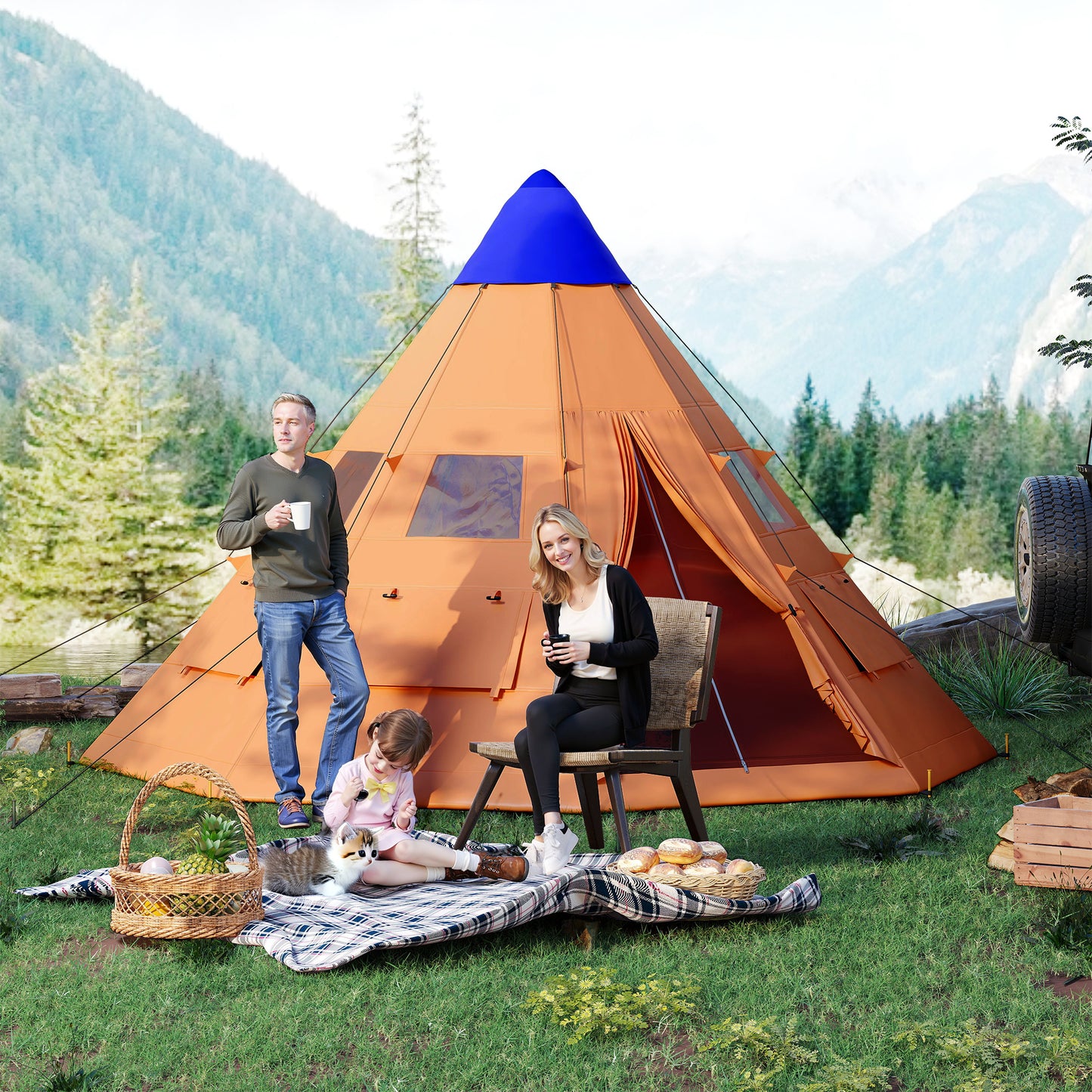 6 Men Tipi Tent with Carry Bag - Orange