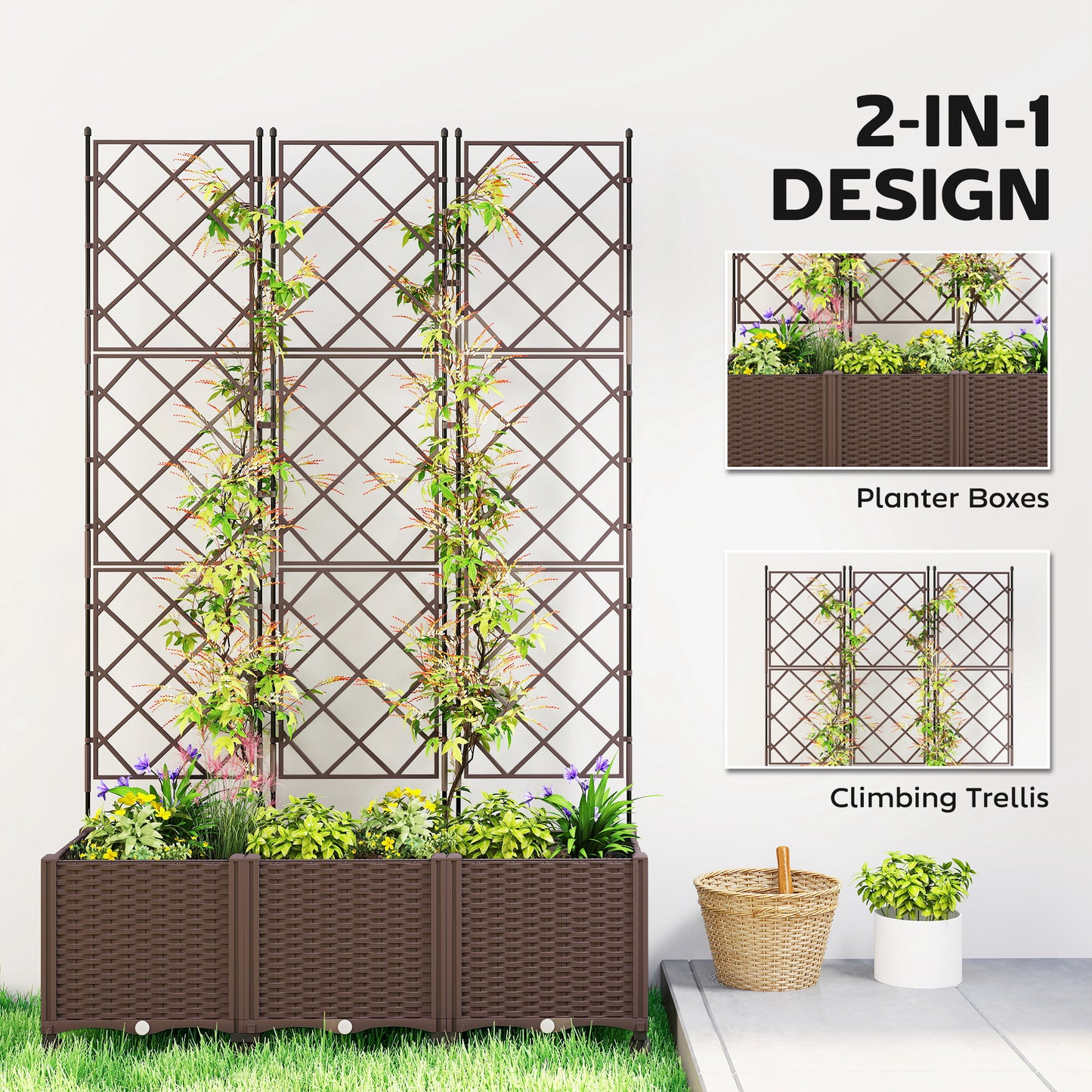 Plastic Raised Planter with Trellis, Self Watering Raised Bed for Garden with Wheels, Drainage Holes and Plugs