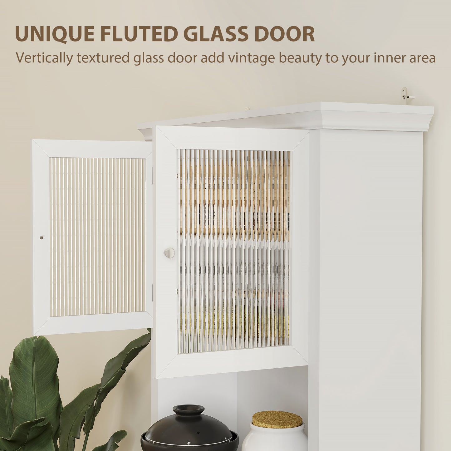 4-Door Kitchen Cupboard with Drawer, Freestanding Kitchen Cabinet with Glass Doors, Adjustable Shelves and Open Counter