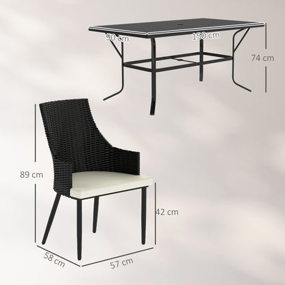 6 Seater Rattan Dining Set with Cushions, Garden Furniture Set with Armchairs, Rectangle Slatted Table Top, Steel Frame