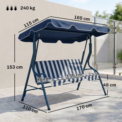 3 Seater Garden Swing Seat Chair Outdoor Bench with Adjustable Canopy and Metal Frame, Blue Stripes