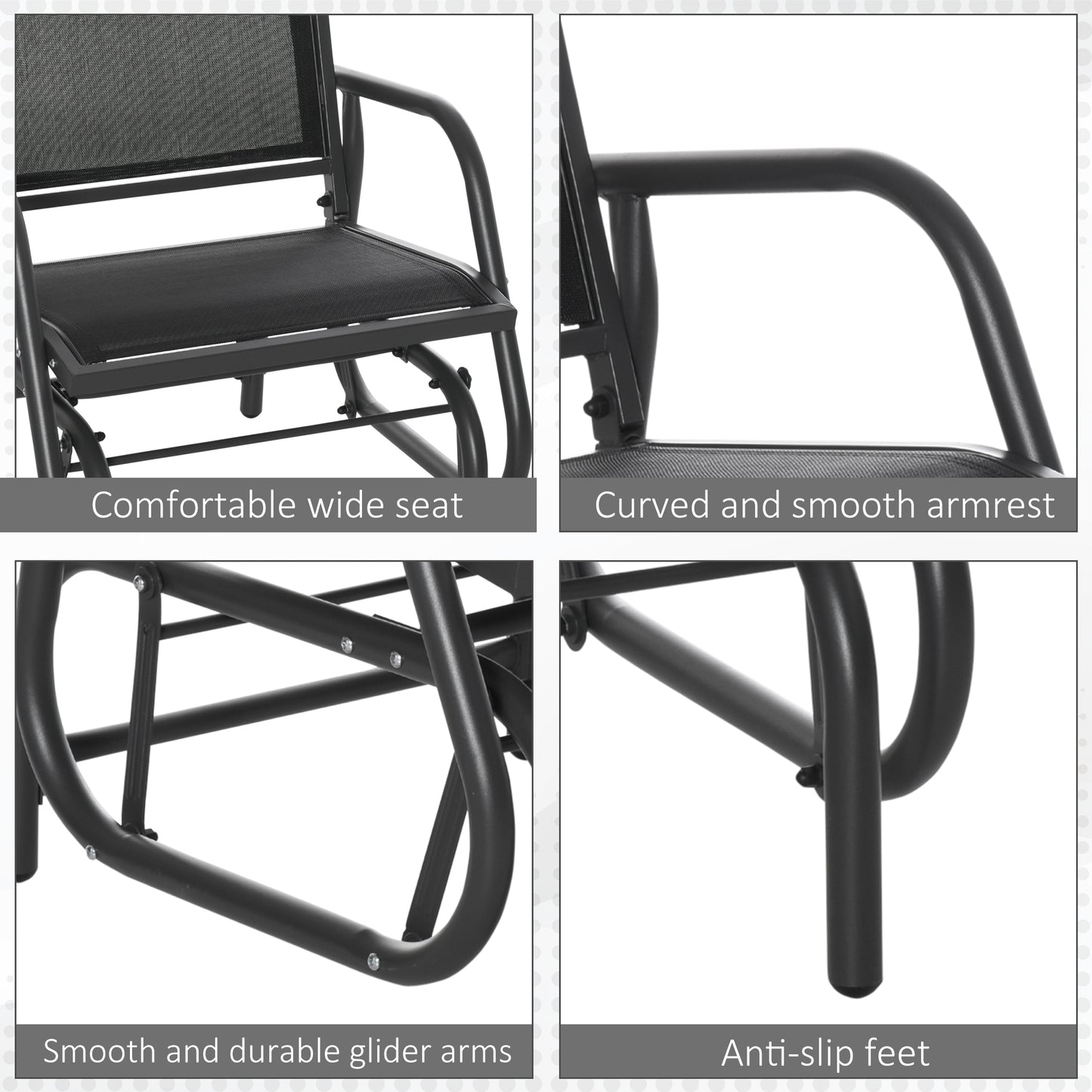 Outdoor Garden Glider Chair, Metal Frame Single Armchair Swing Seater w/ Breath Mesh Fabric Seat, Curved Backrest, Armrests