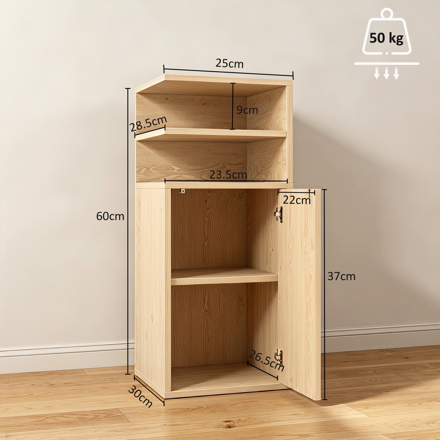 Slim Bedside Table Set of 2, Narrow Bedside Cabinet with Open Cubbies and Cupboard for Bedroom Living Room, Oak