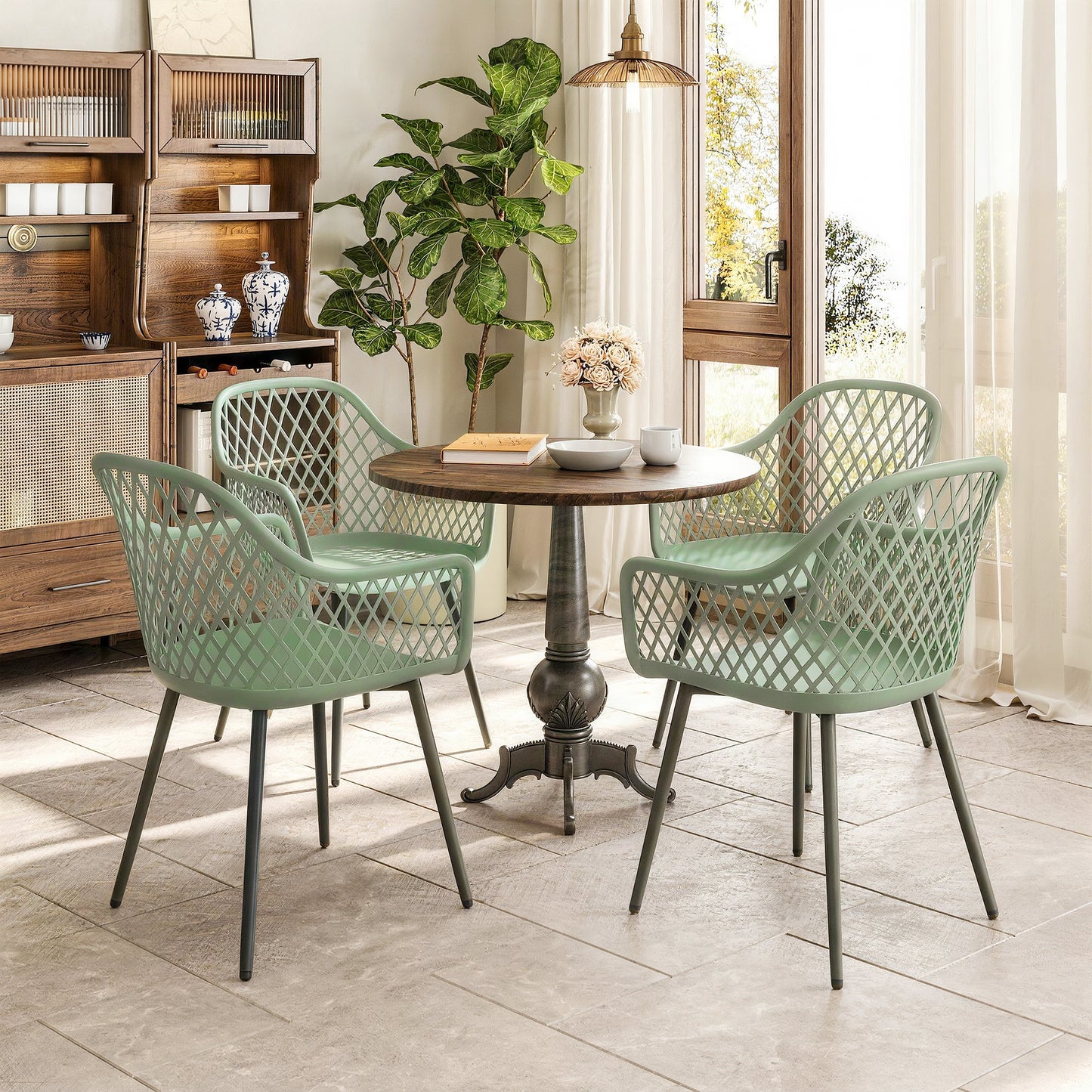 Garden Chairs Set of 4, Garden Dining Chairs with Cut Out Diamond Back and Armrests for Patio, Balcony, Terrace, Green