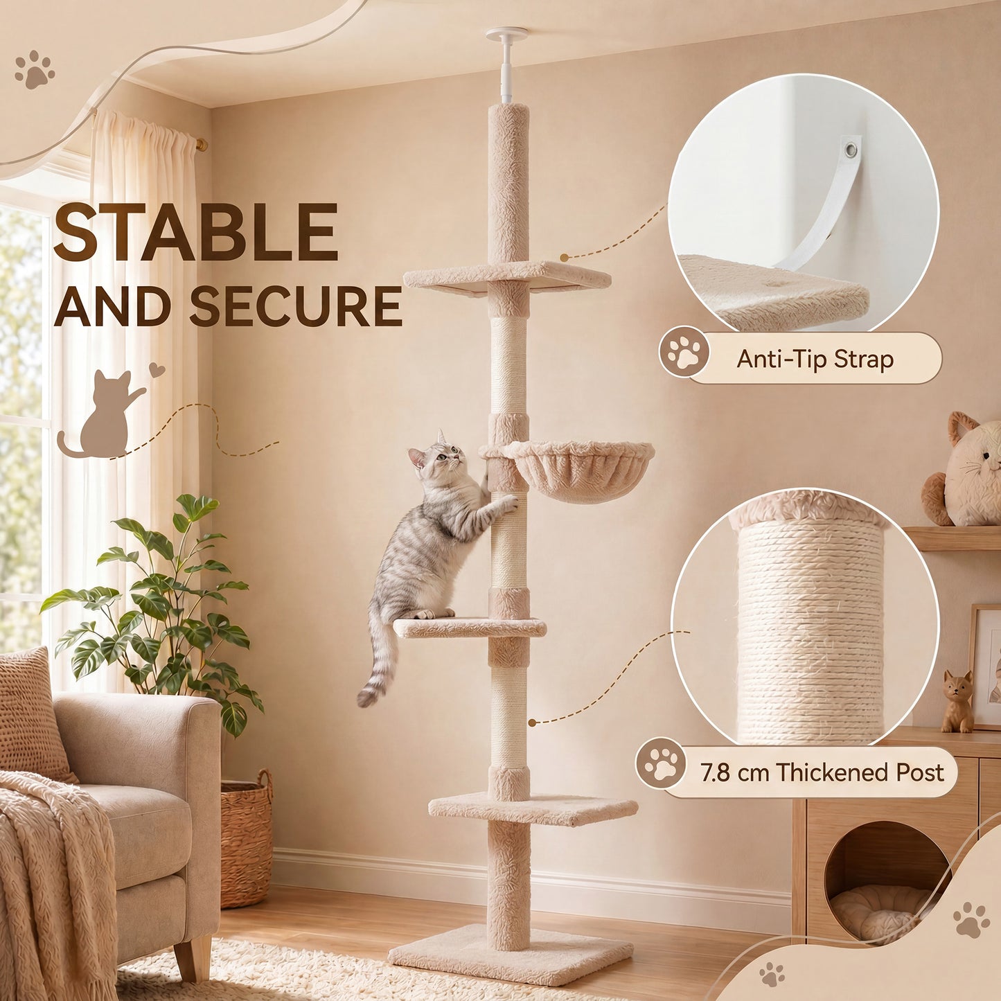 Floor to Ceiling Cat Tree 230-260cm Height Adjustable, 5-Tier Cat Tower with Scratching Posts, Hammock, Perches