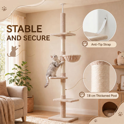 Floor to Ceiling Cat Tree 230-260cm Height Adjustable, 5-Tier Cat Tower with Scratching Posts, Hammock, Perches