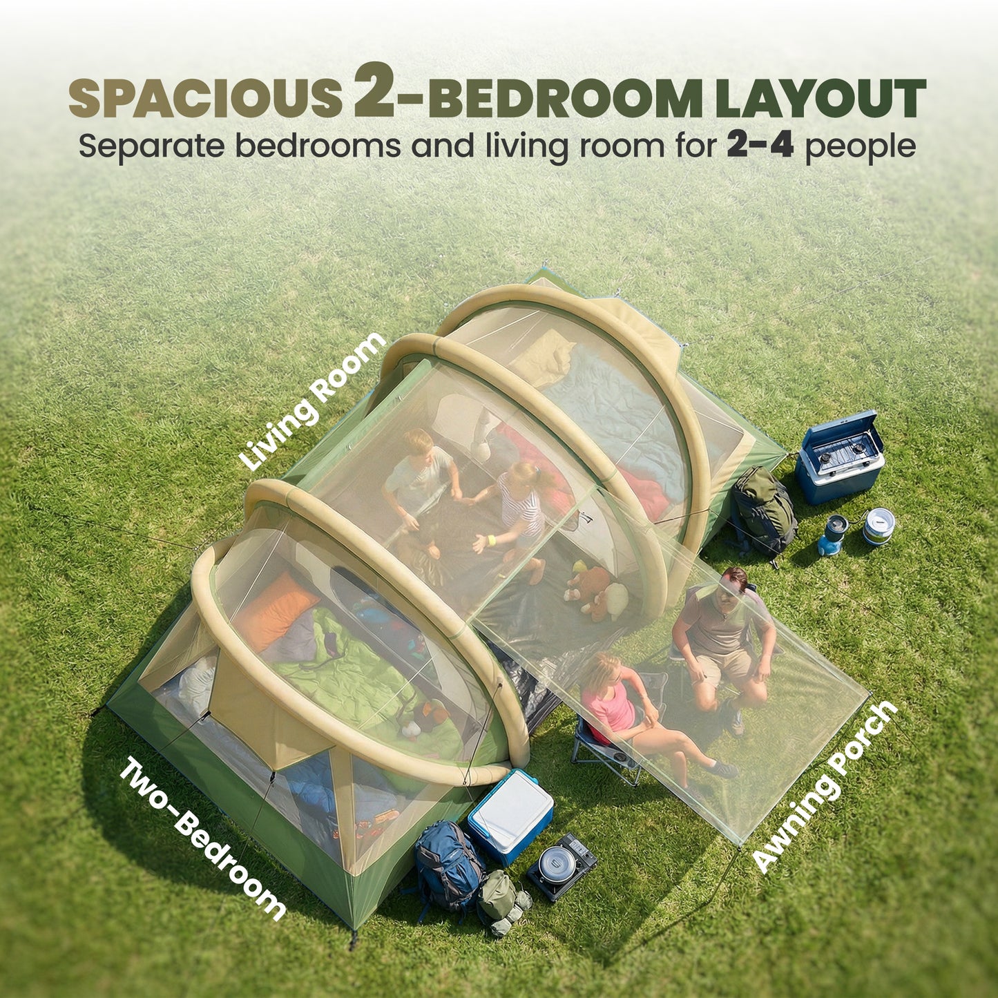 Inflatable Tent 2 Bedroom Tunnel Design Windproof Air Tent with Carry Bag for 4 Person