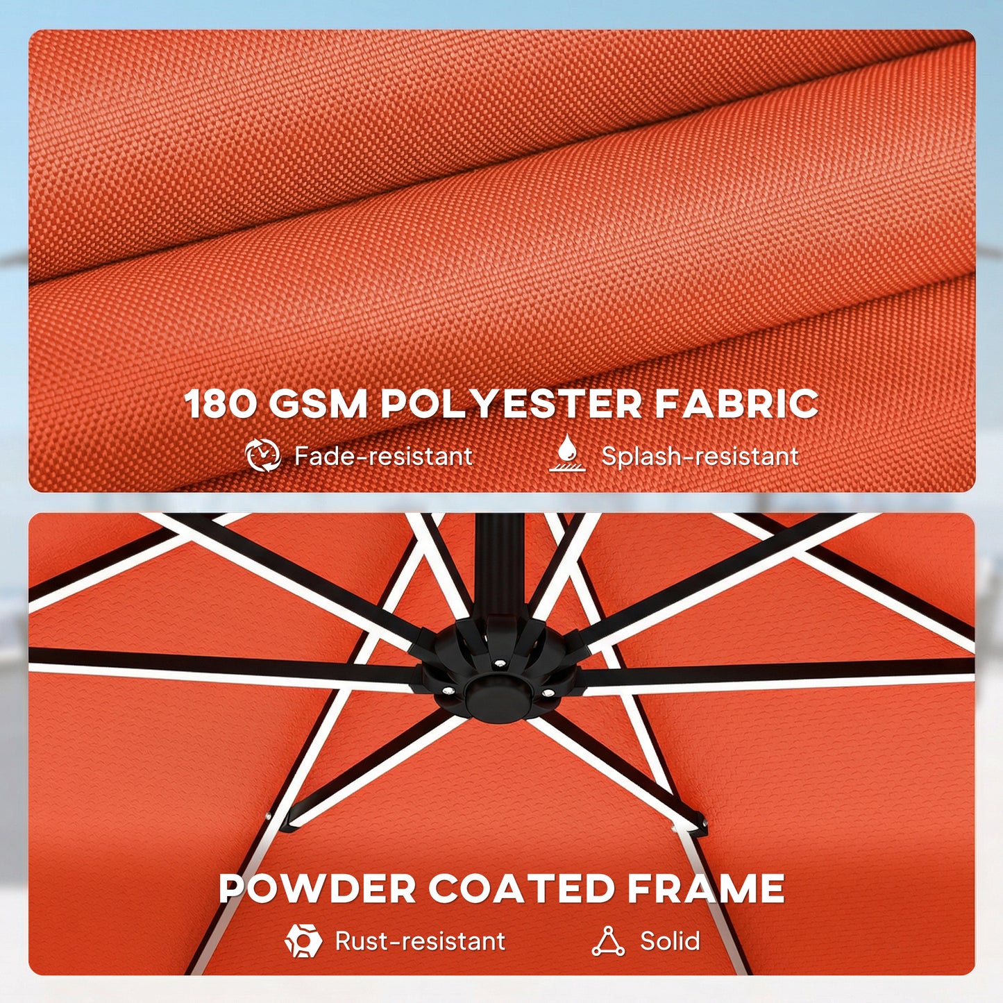 3 m Garden Cantilever Parasol with LED Solar Light, Round Overhanging Umbrella with 360° Rotation, Cover, Orange