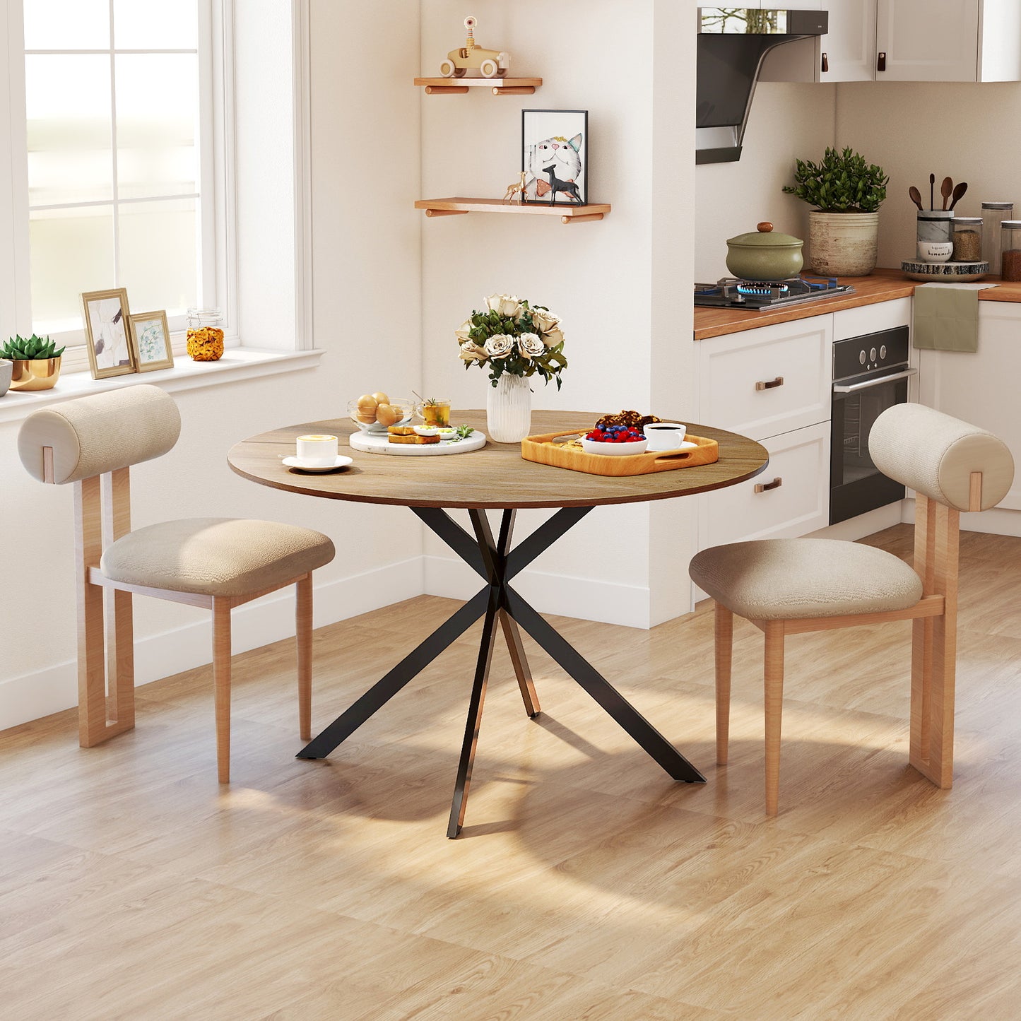 Dining Table for 4, 120 cm Industrial Kitchen Table with Wood Effect Tabletop and Steel Legs, Oak