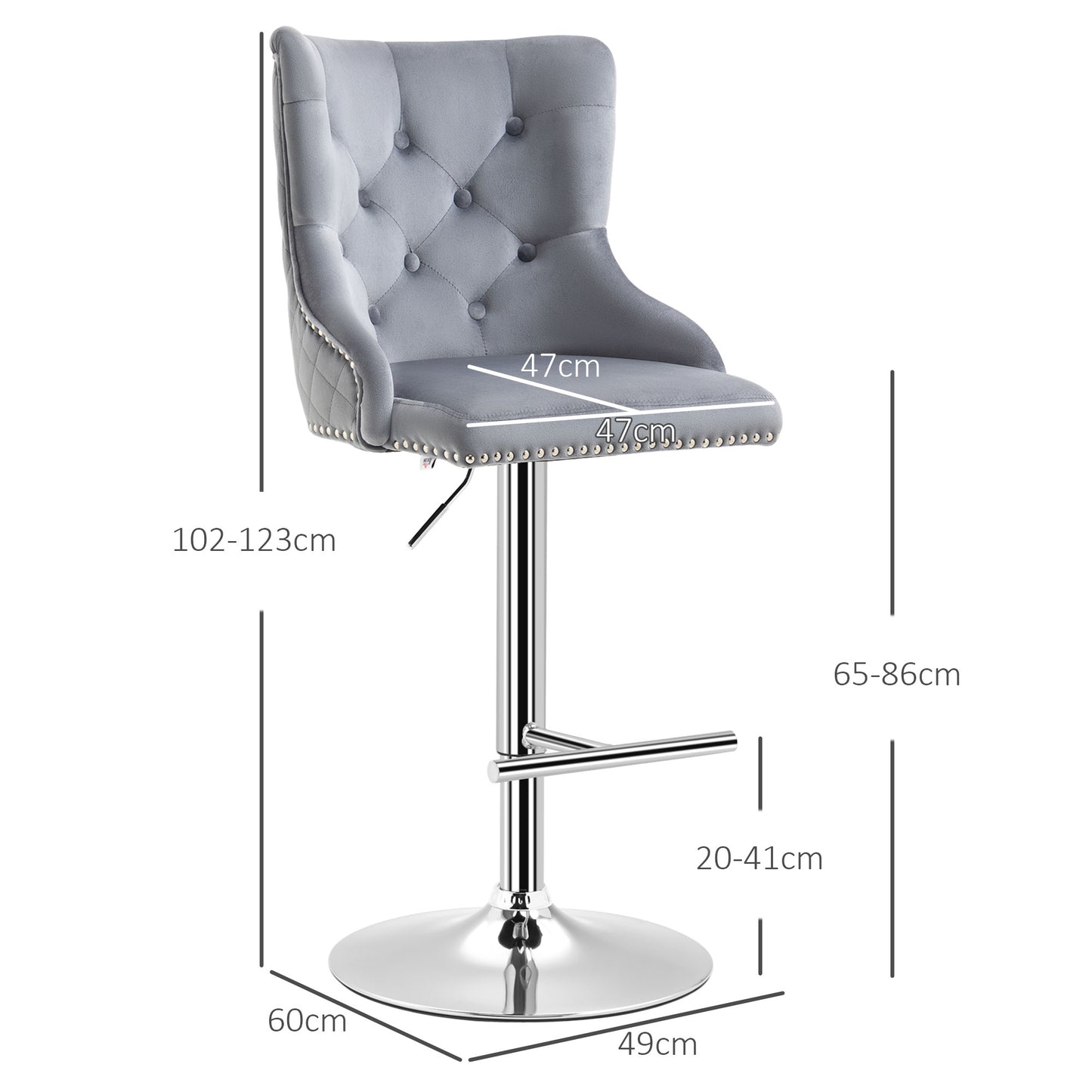 Bar Stools Set of 2, Modern Swivel & Adjustable Velvet Barstools with Button-Tufted Back, Footrest for Home Bar, Grey