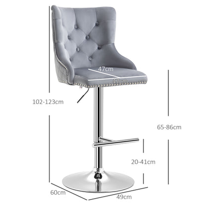 Bar Stools Set of 2, Modern Swivel & Adjustable Velvet Barstools with Button-Tufted Back, Footrest for Home Bar, Grey