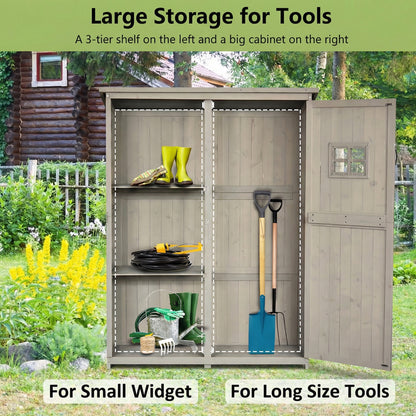 Wooden Garden Shed with Two Windows, Tool Storage Cabinet, Outdoor Double Door Organizer 127.5L x 50W x 164H cm, Grey