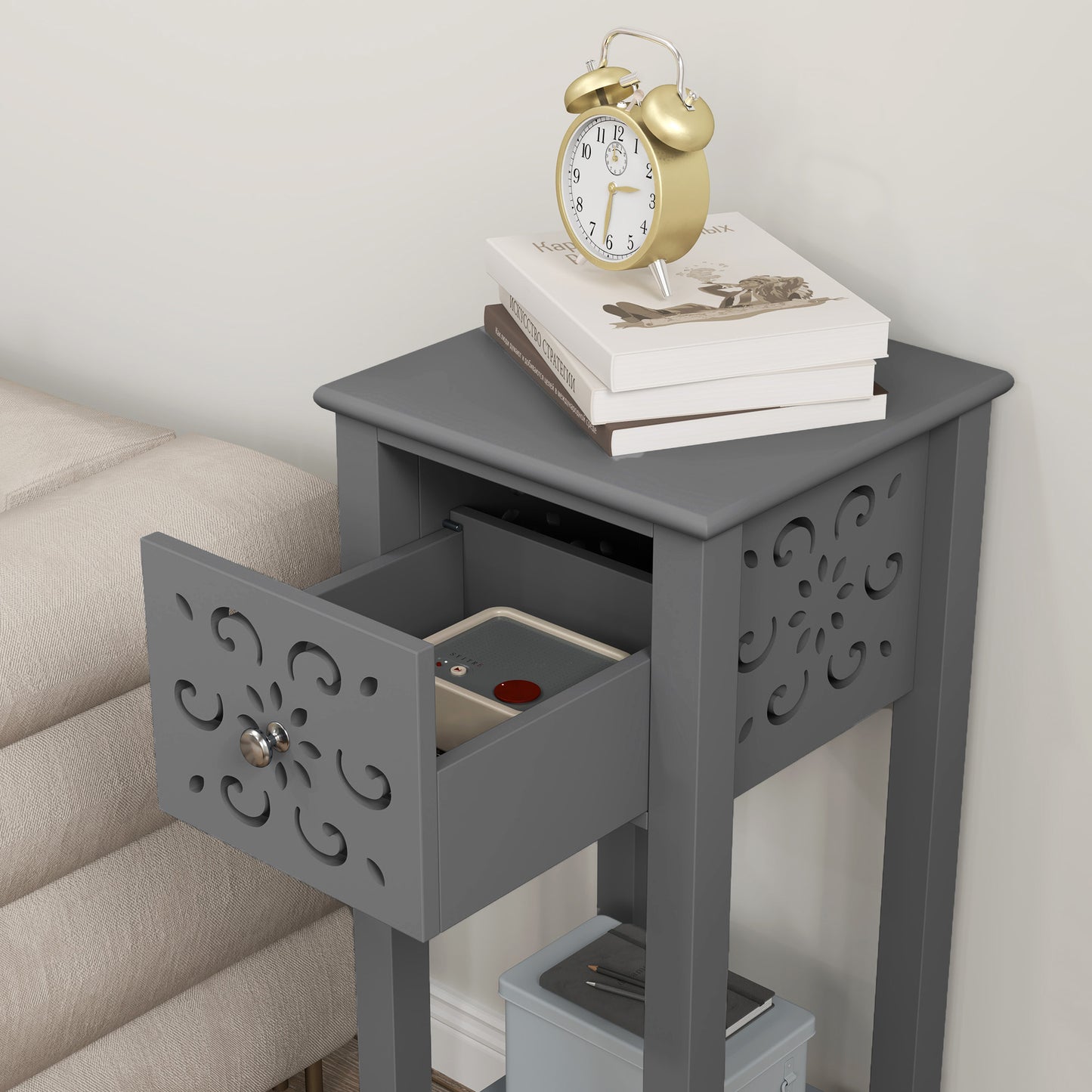 Set of Two Elegant Floral Cut-Out Side Tables - Grey