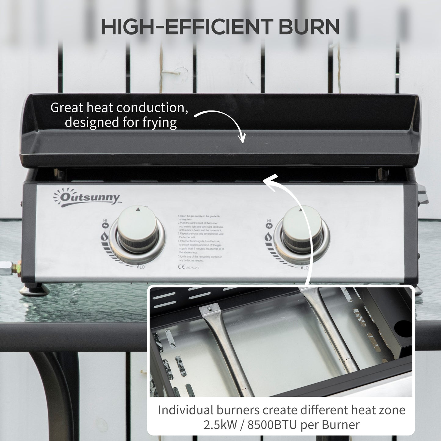 Gas Plancha Barbecue Grill with 2 Stainless Steel Burner, 5kW
