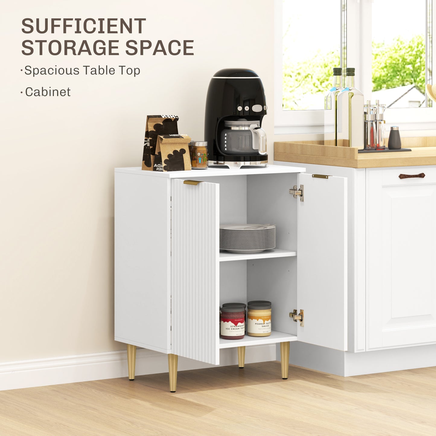 Sideboard Buffet Cabinet, Modern Kitchen Storage Cabinet with Adjustable Shelf and Metal Legs, White