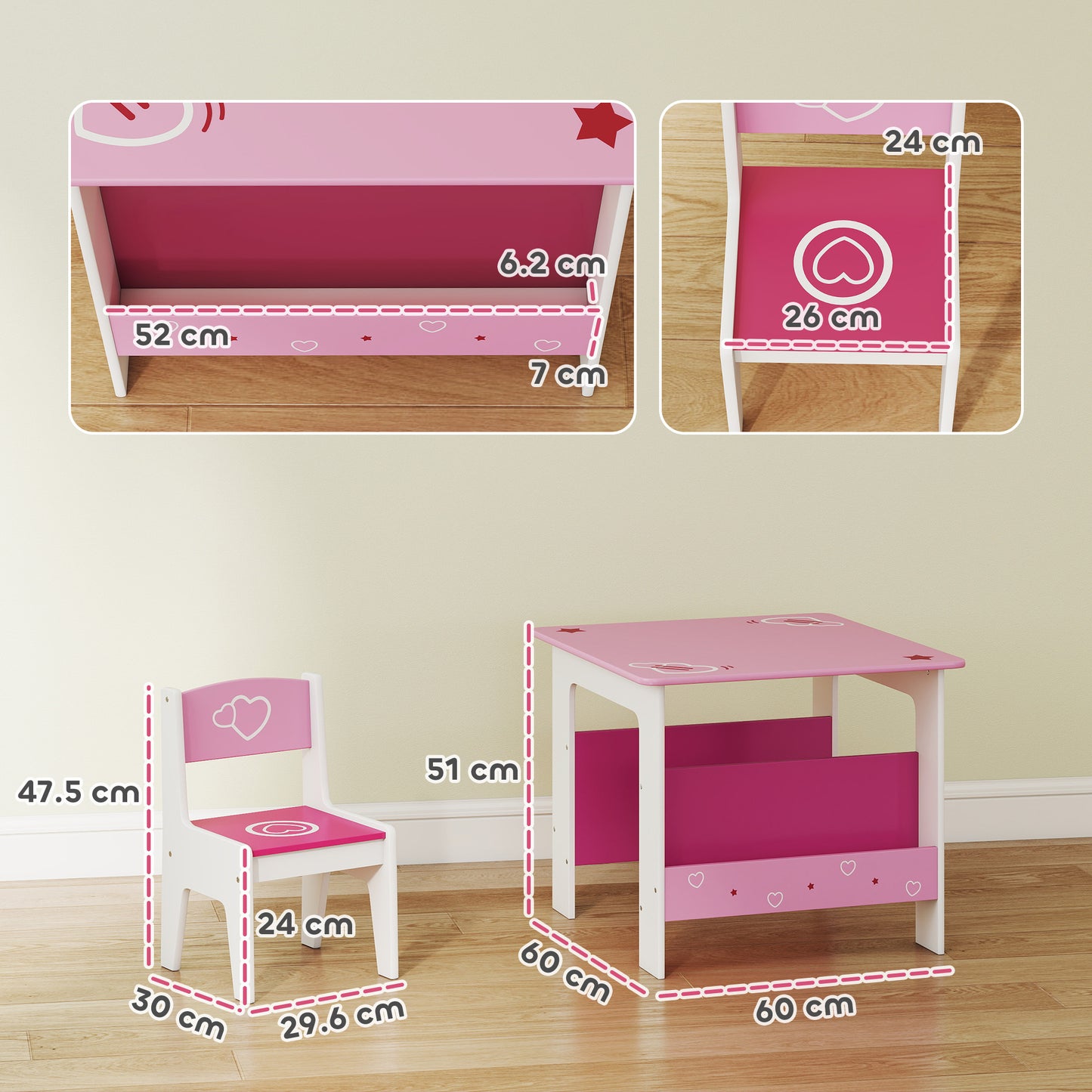 3 Pieces Kids Table and Chair Set, Toddler Activity Table with Bookshelves, for Living Room, Nursery, Playroom, Pink