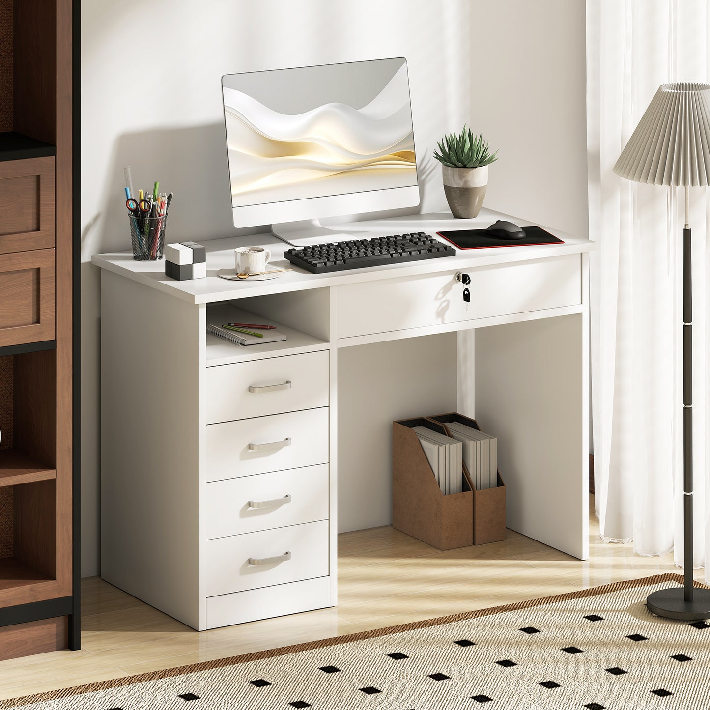 Computer Desk, Home Office Desk with Lockable Drawer, Storage Shelf for Study Bedroom, 110 x 50 x 76 cm, White