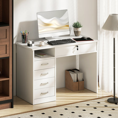Computer Desk, Home Office Desk with Lockable Drawer, Storage Shelf for Study Bedroom, 110 x 50 x 76 cm, White