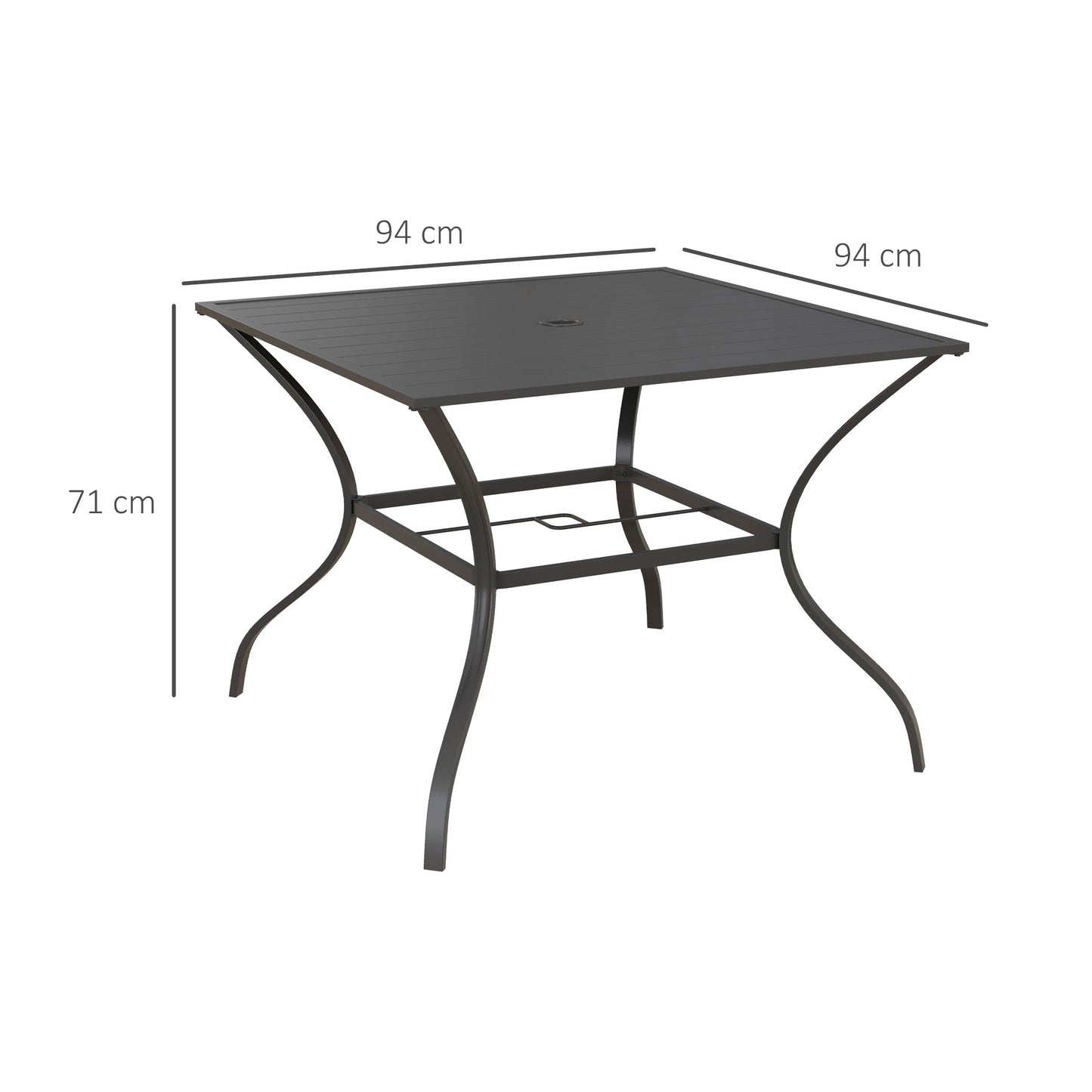 94 x 94 cm Garden Table with Parasol Hole, Outdoor Dining Garden Table for Four with Slatted Metal Plate Top, Dark Grey