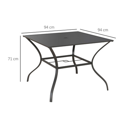 94 x 94 cm Garden Table with Parasol Hole, Outdoor Dining Garden Table for Four with Slatted Metal Plate Top, Dark Grey