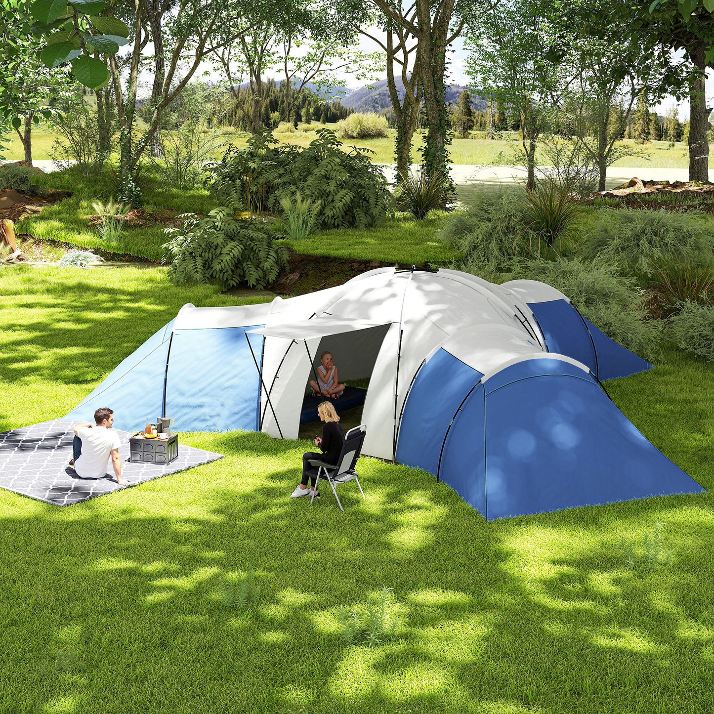 6-9 Man Tent with Bedrooms and Living Room, Accessories Included, Blue