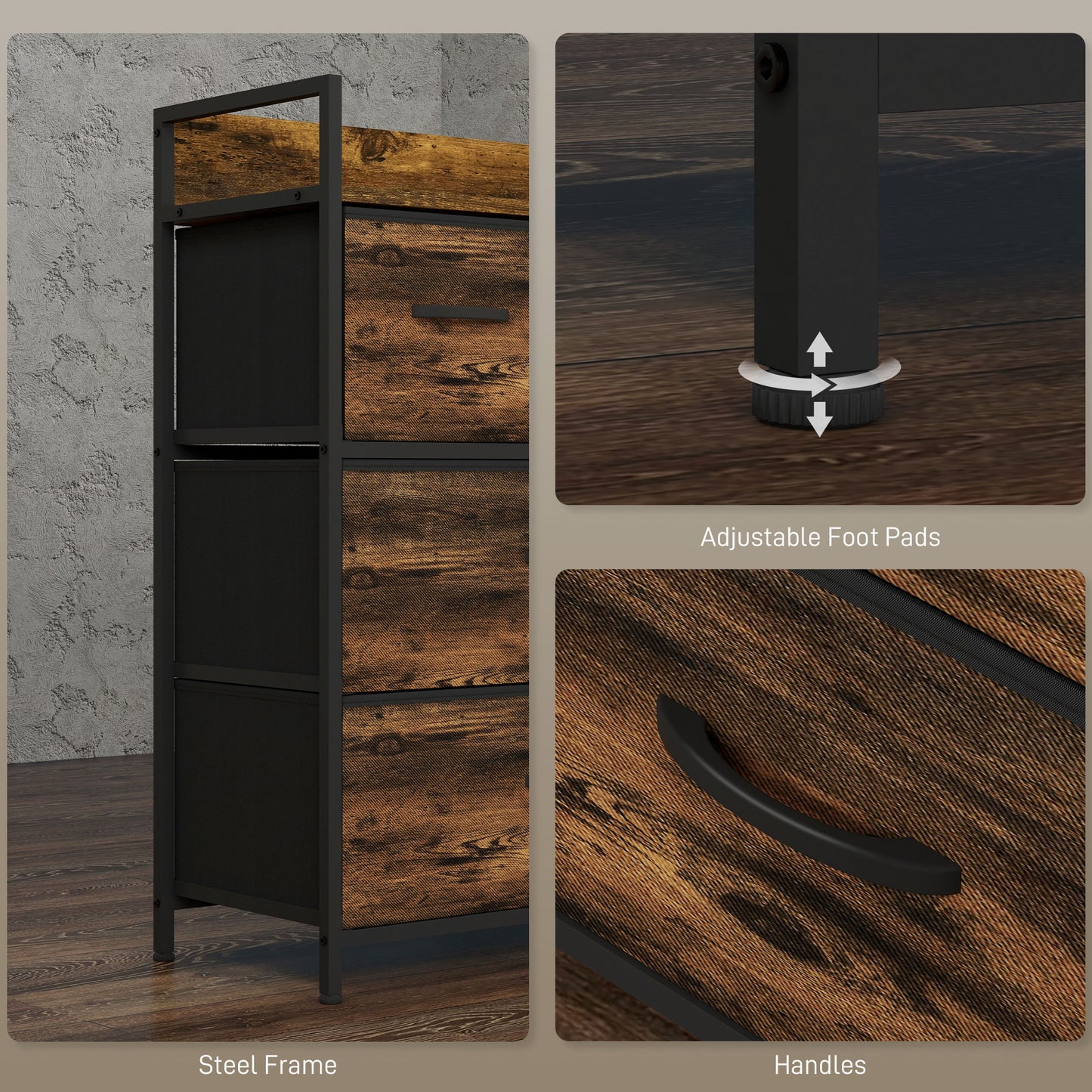 Rustic Chest of Four Fabric Drawers - Rustic Brown