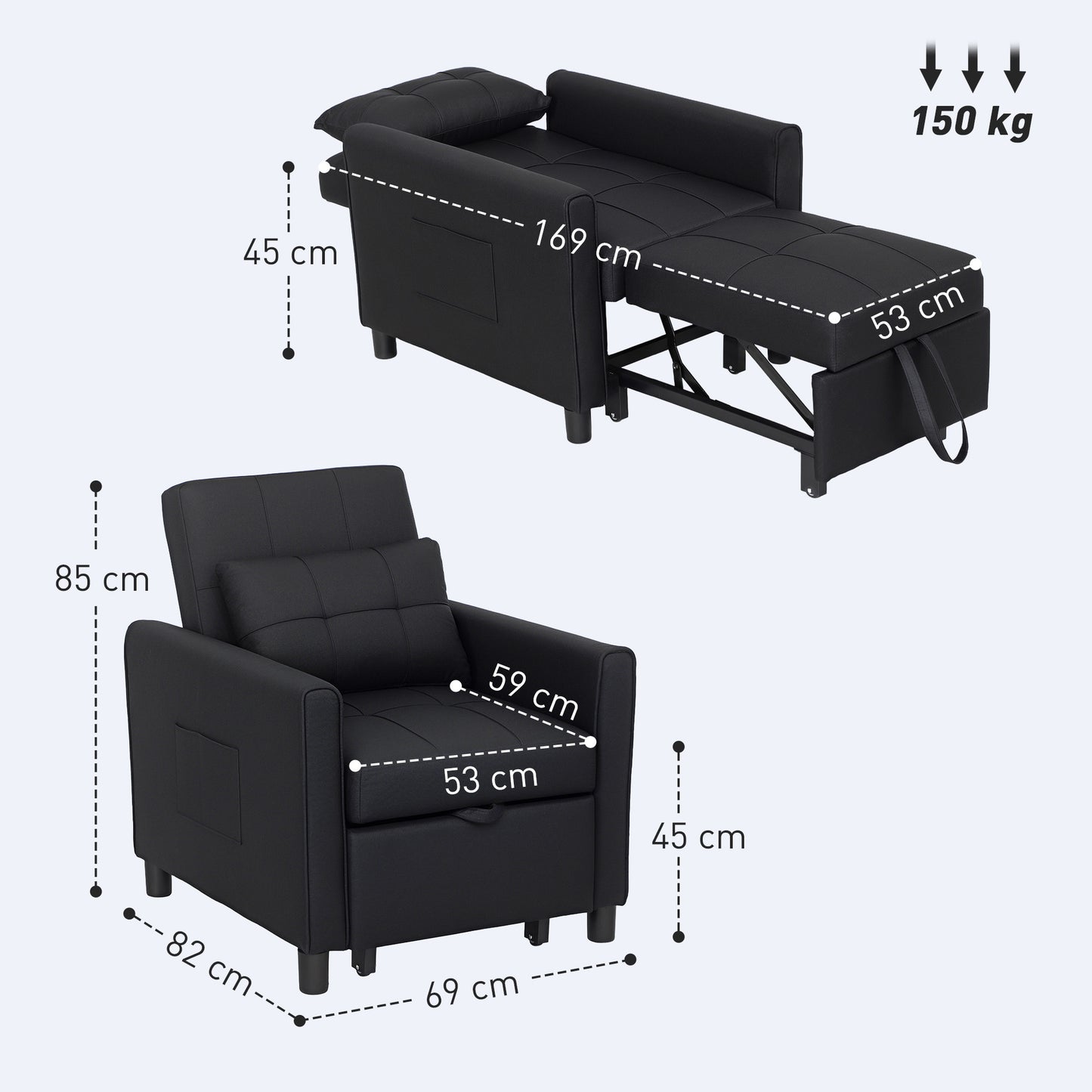 3-In-1 Linen-Look Single Chair Bed with 11cm Thick Adjustable Back & Eucalyptus Wood Sofa Frame - Black