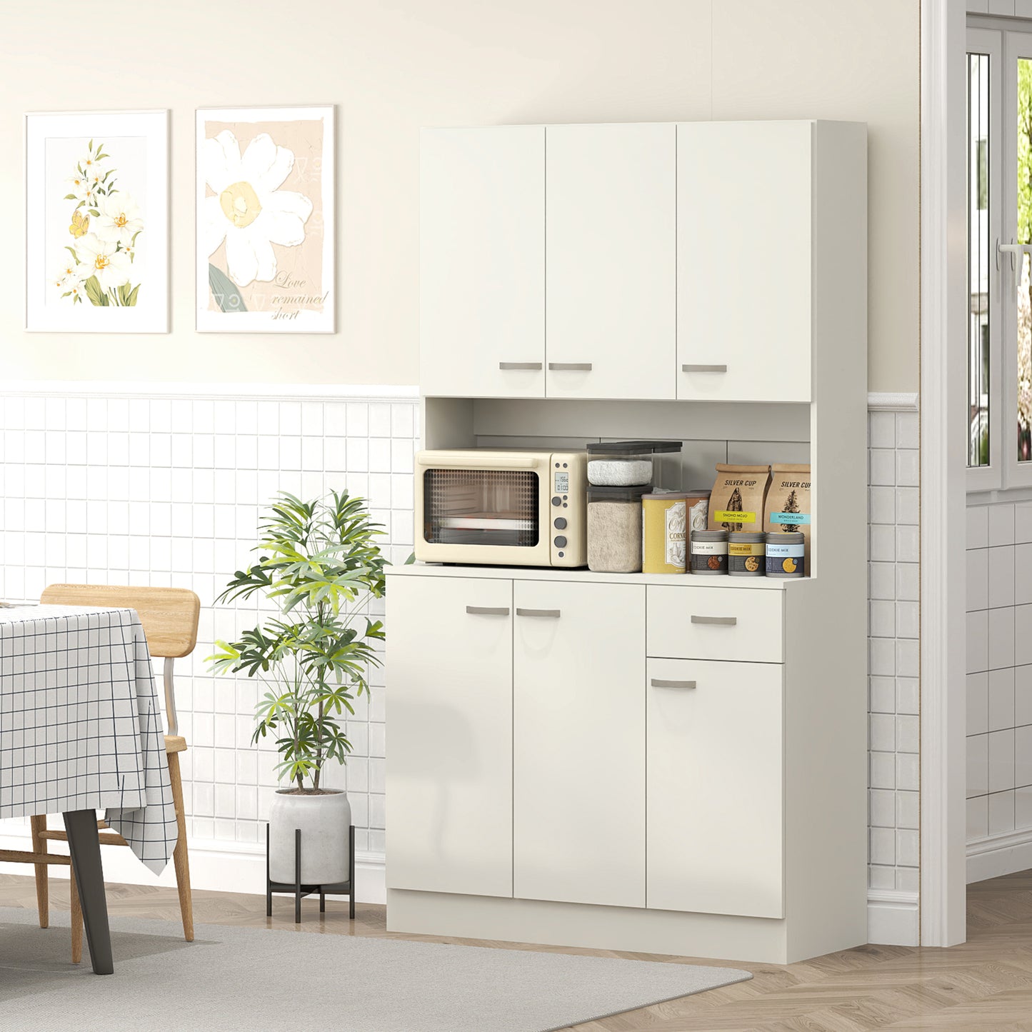 Freestanding Kitchen Pantry Storage Cabinet with Adjustable Shelves & Middle Worktop - White