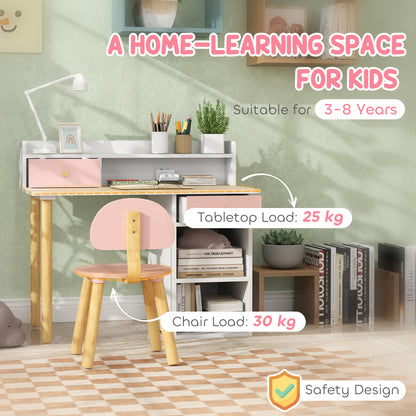 2 Pieces Children Study Table with Hutch, Kids Desk and Chair Set with Storage, Drawer, Shelves, Pink