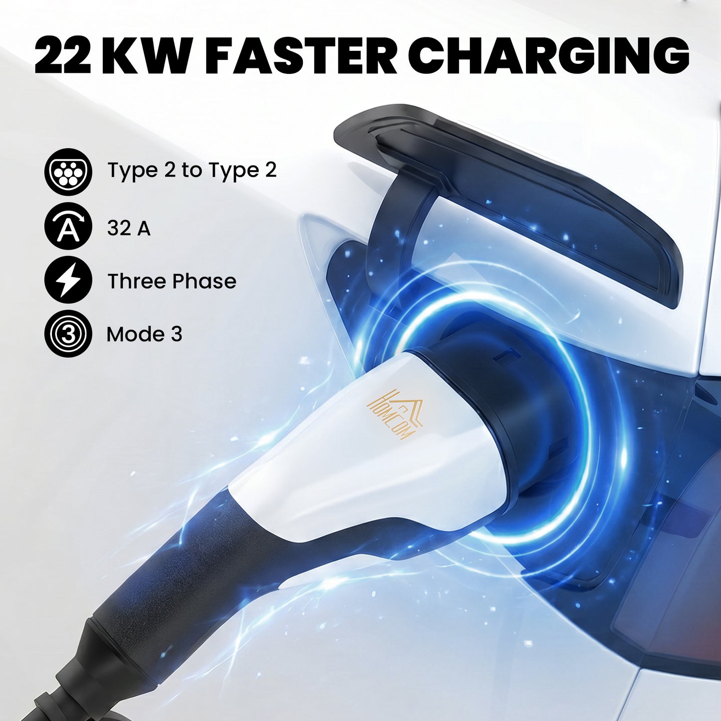Type 2 EV Charging Cable, 22kW, 32A, Mode 3, 3-Phase, 10m Type 2 to Type 2 EV Extension Cable for EVs, PHEVs