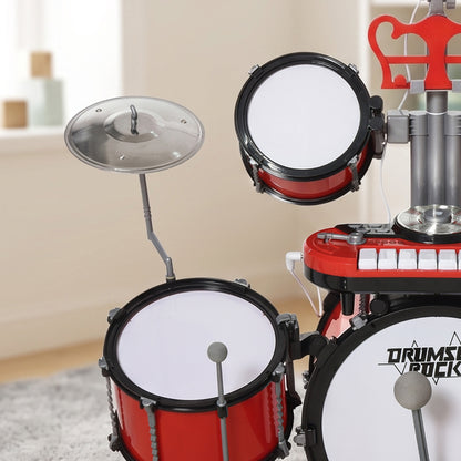 Kids Drum Set for Beginners, Drum Kit with Toy Microphone, Cymbal, Pedal & Drumsticks, Educational Musical Toy, Red