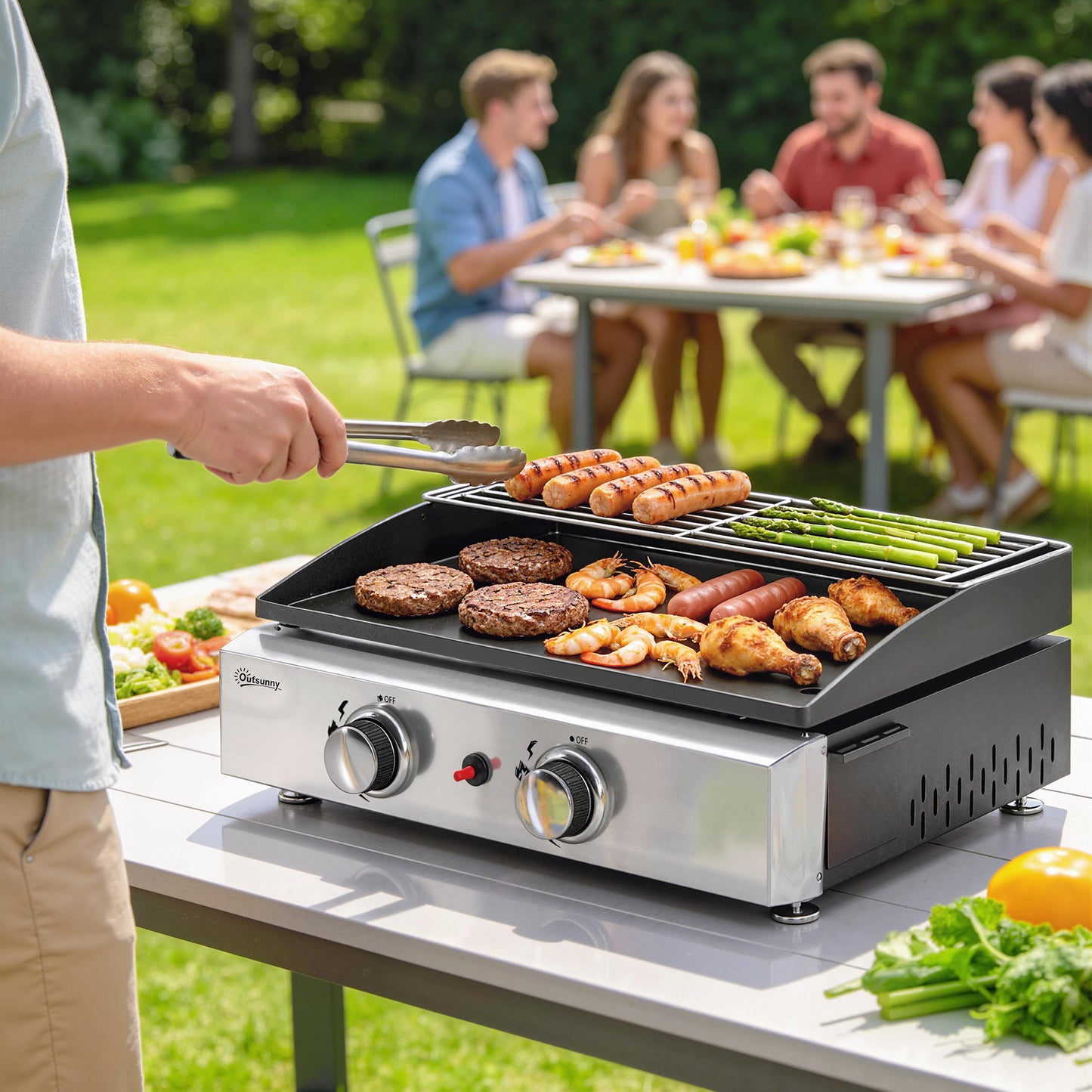 2 Burner Grill Griddle, Portable Gas Plancha with Warming Rack, 5 kW, Tabletop Gas BBQ with Grease Cup, Black