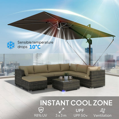 3 x 3 m Garden Cantilever Parasol w/ Light, Cover, UPF50+ Patio Umbrella w/ Wind Protection, 360° Rotation, Dark Grey