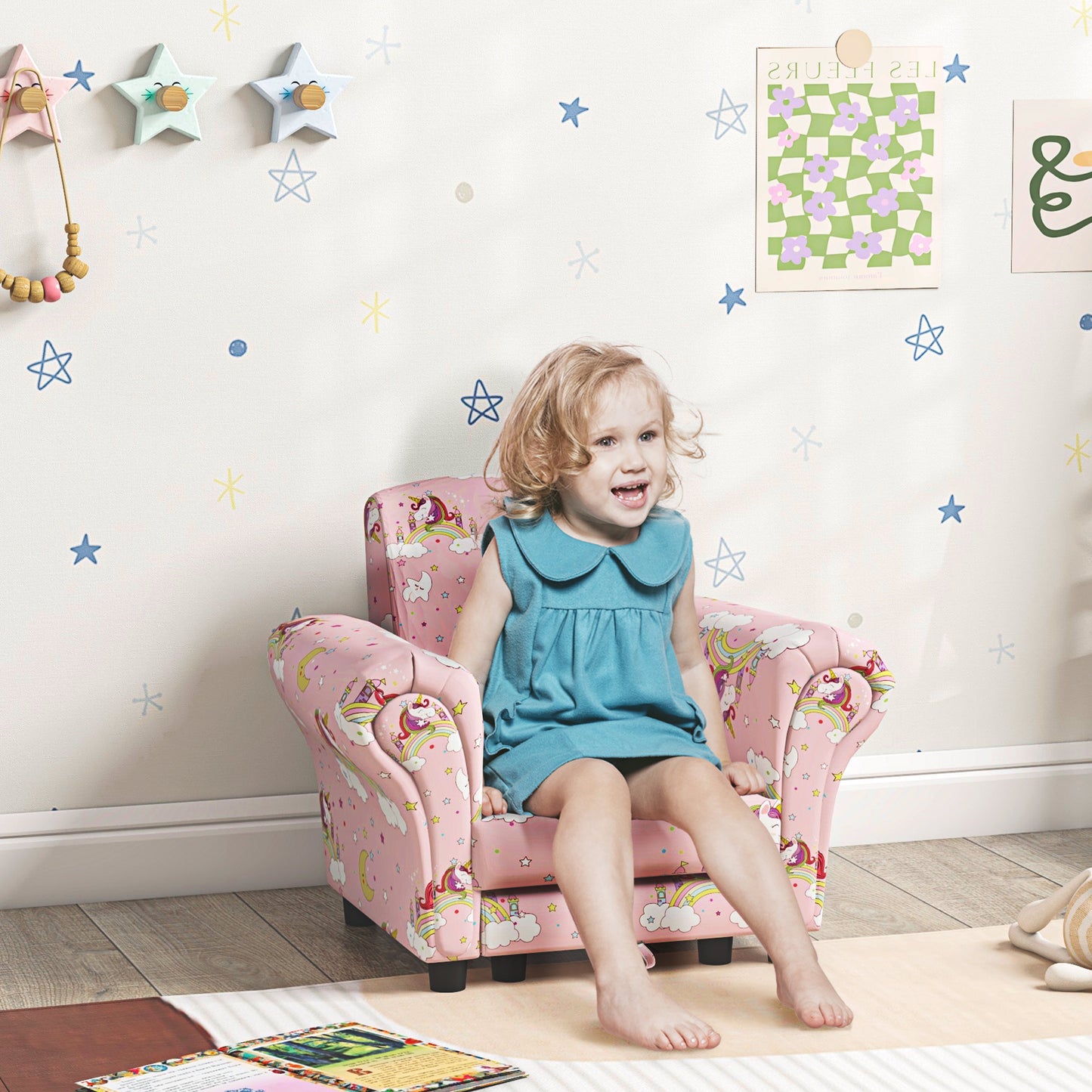 2 Piece Kids Sofa Set with Unicorn Design, Wooden Frame, for 1.5-3 Years Old, Pink