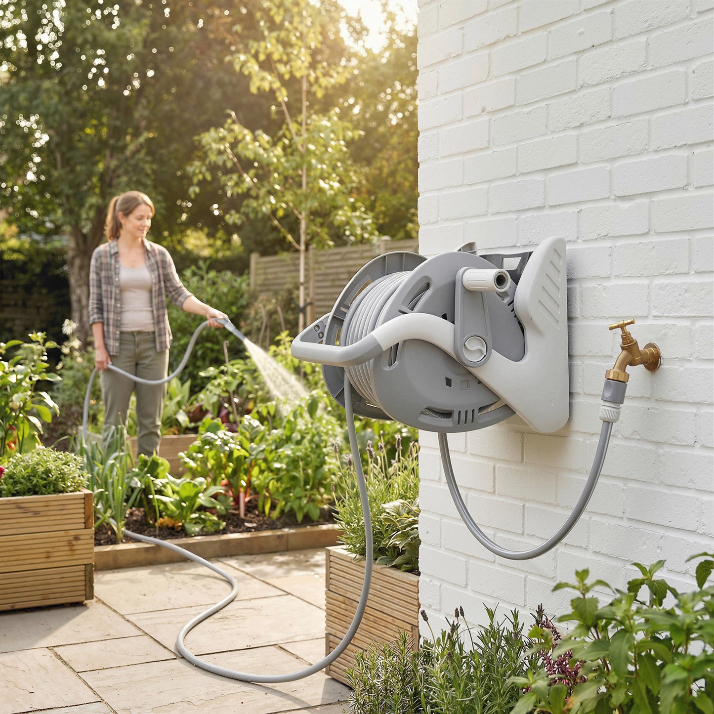 Portable Garden Hose Reel, 20+2 m Wall Mounted Hose Reel with 2 Patterns Spray Nozzle and Crank Handle, Grey