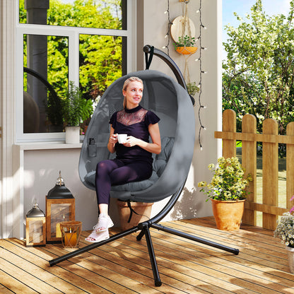 Hanging Egg Chair, Folding Texteline Swing Hammock with Side Pocket, Cushion and Stand for Indoor Outdoor