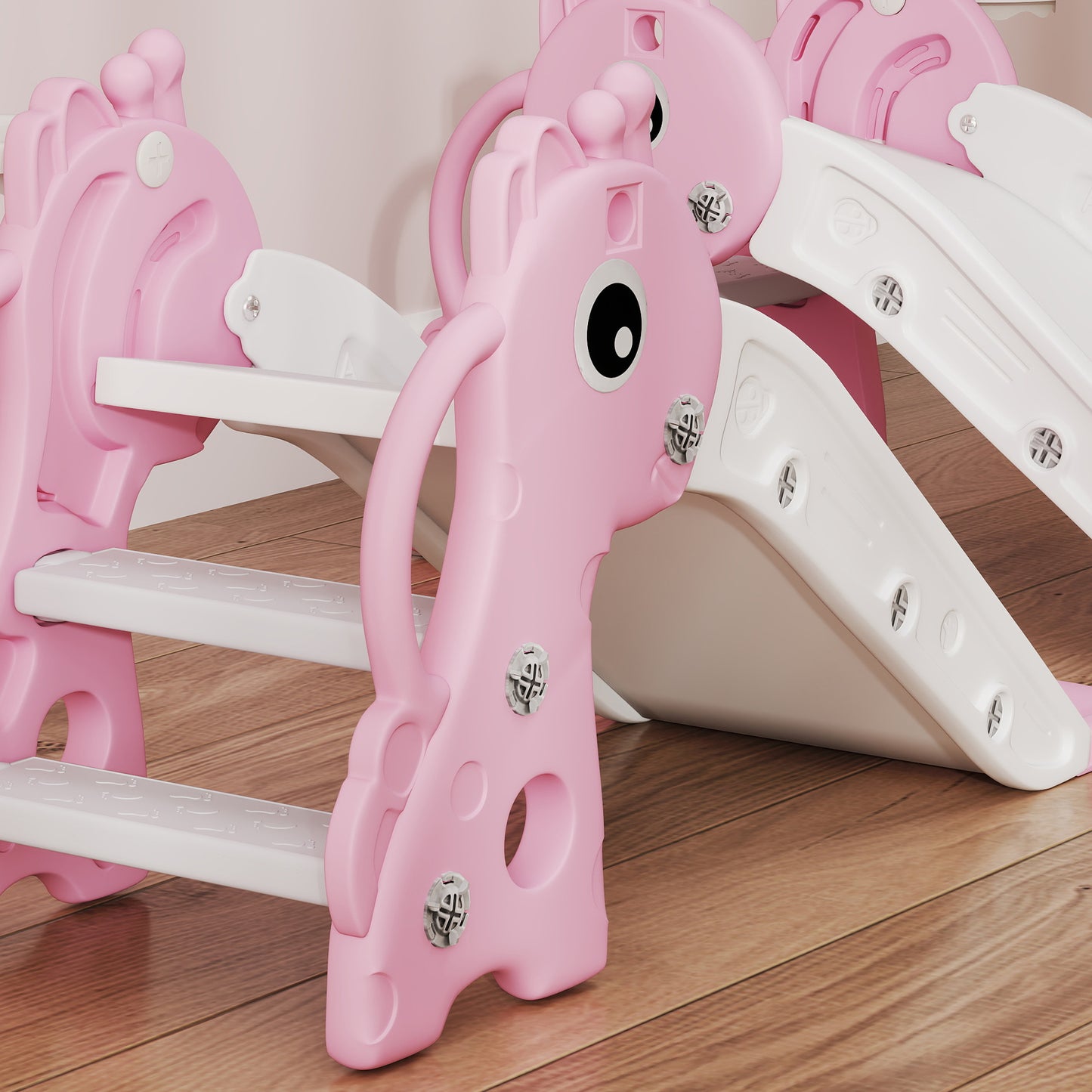 3 in 1 Kids Slide with Climber, Basketball Hoop and Ball, Giraffe Shape Climber Slide for Indoor Kids Age 1-3, Pink