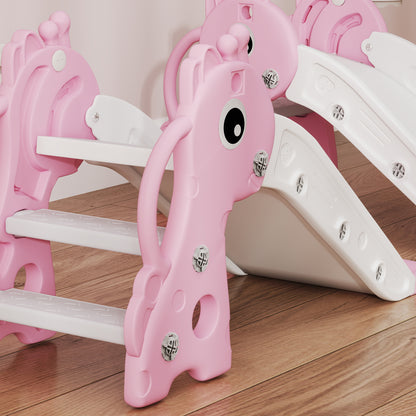 3 in 1 Kids Slide with Climber, Basketball Hoop and Ball, Giraffe Shape Climber Slide for Indoor Kids Age 1-3, Pink