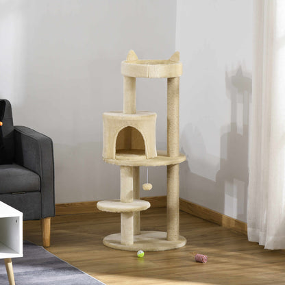 104 cm Cat Tree, Cat Condo Tree Tower, Cat Activity Centre with Scratching Posts, Plush Perches, Hanging Ball - Cream White