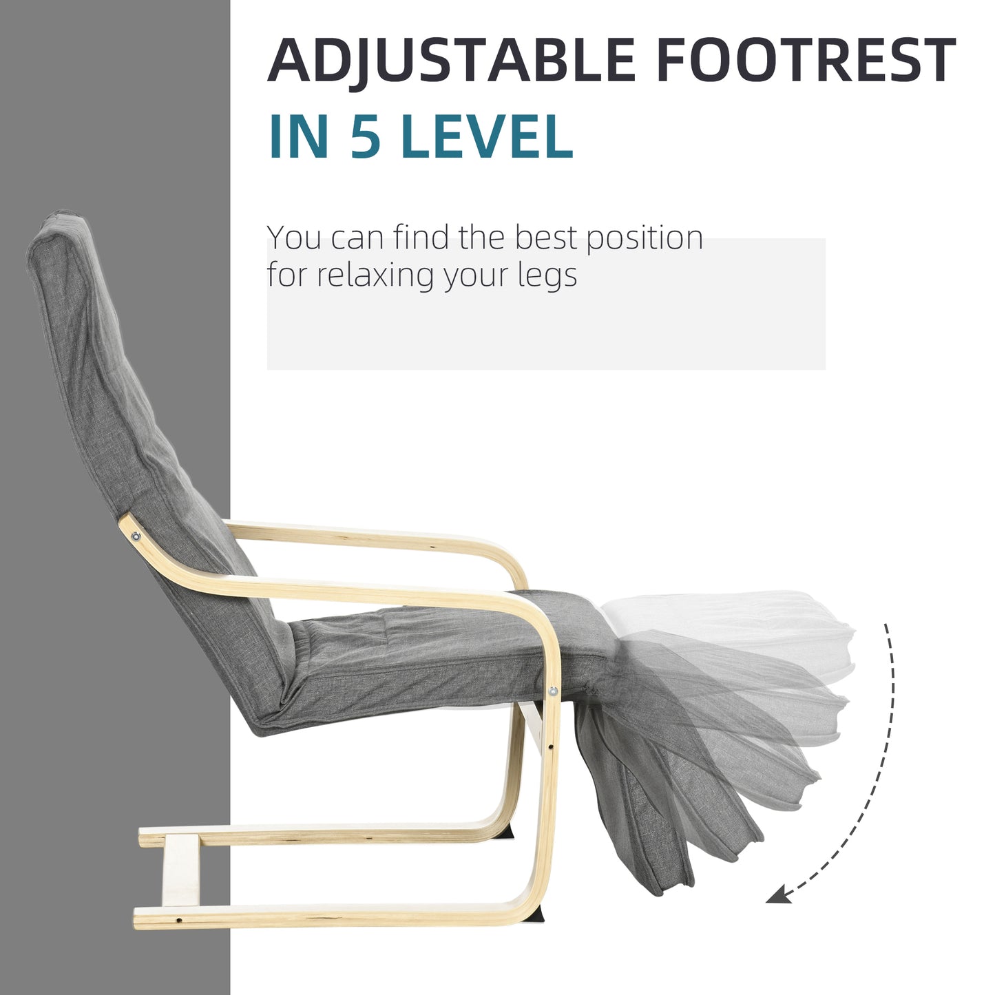 Wooden Armchair, Upholstered Linen Lounge Chair with Adjustable Footrest & Removable Cushion, Poang Chair for Living Room