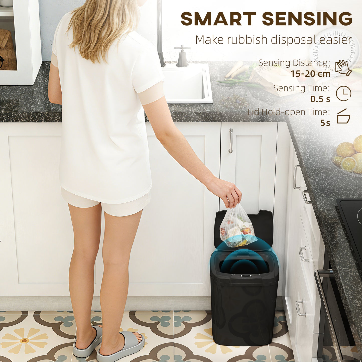 15L Sensor Bin, Automatic Touchless Kitchen Bin, Easy Clean, Battery Operated for Home Office, Bedroom, Bathroom, Black
